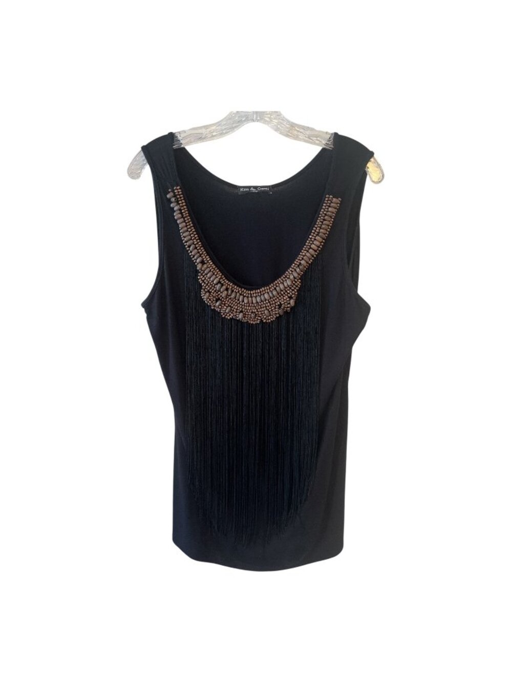 Kim & Cami Black Beaded Fringe Tank Top XL Boho Statement Sleeveless Made USA